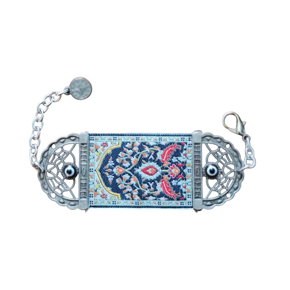 Turkish Kilim Tapestry Cuff Bracelet Evil Eye Nazar Silver Tone Boho Woven Blue